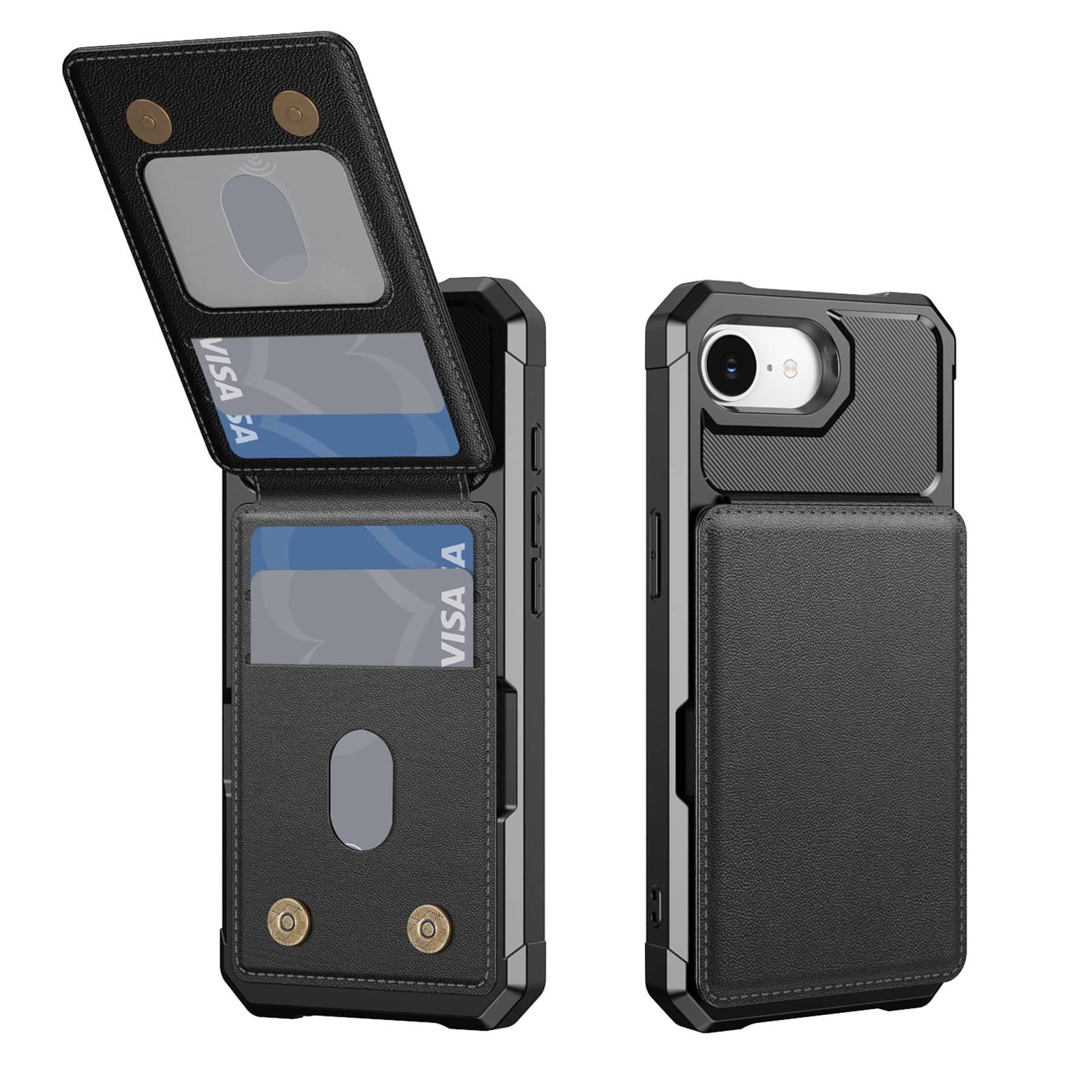 Dteck - Magnetic Closure Credit Card Holder Slots Stand Function Rugged Wallet Case For Apple iPhone 17e - Black