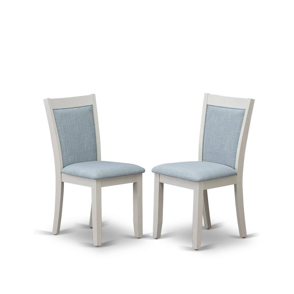 Left. East West Furniture - X026MZ015-6 6-Pc Dining Set Contains a Wood Table - 4 Baby Blue Dining Chairs and a Small Bench - Wire Brushed Linen - Multi-Color.