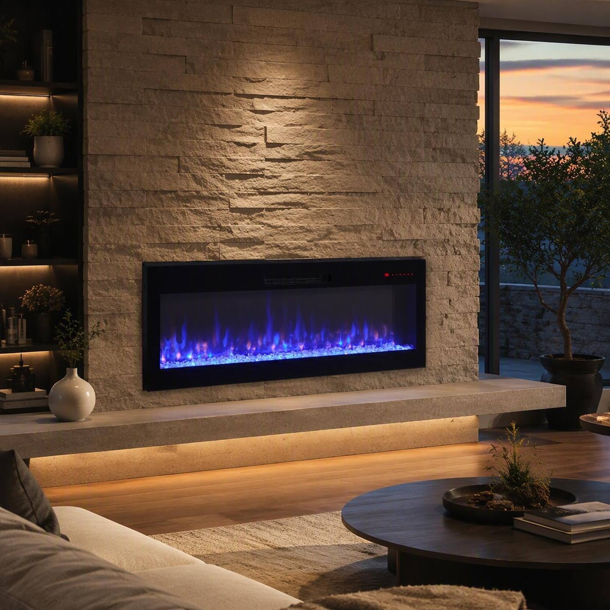 Angle. RYHNUYNE - 60 Inch Smart WiFi Enabled Electric Fireplace Heater, Recessed In Wall Wall Mounted For Modern Home Warm Decor - Antique Black.