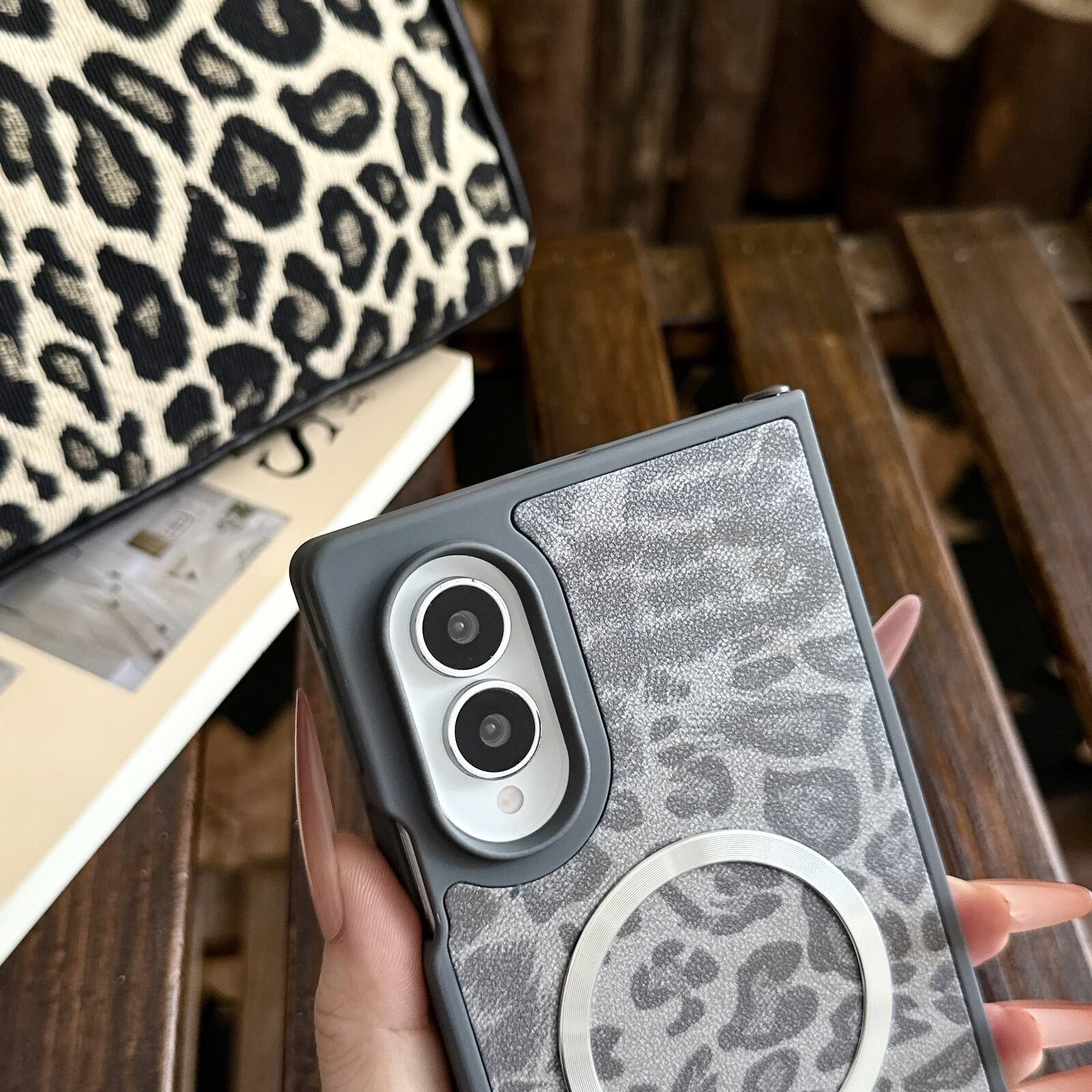 Alt View 2. Dteck - Vintage Leopard Print Faux Leather Magnetic Case with Metal Ring Wireless Charging Cover for Samsung Galaxy Z Fold 8 - Black.