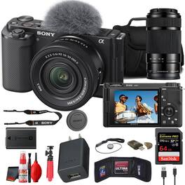 Sony - ZV-E10 Mirrorless Camera with 16-50mm Lens Black Bundle + 64GB Card + Tripod + 55-210mm Telephoto Lens