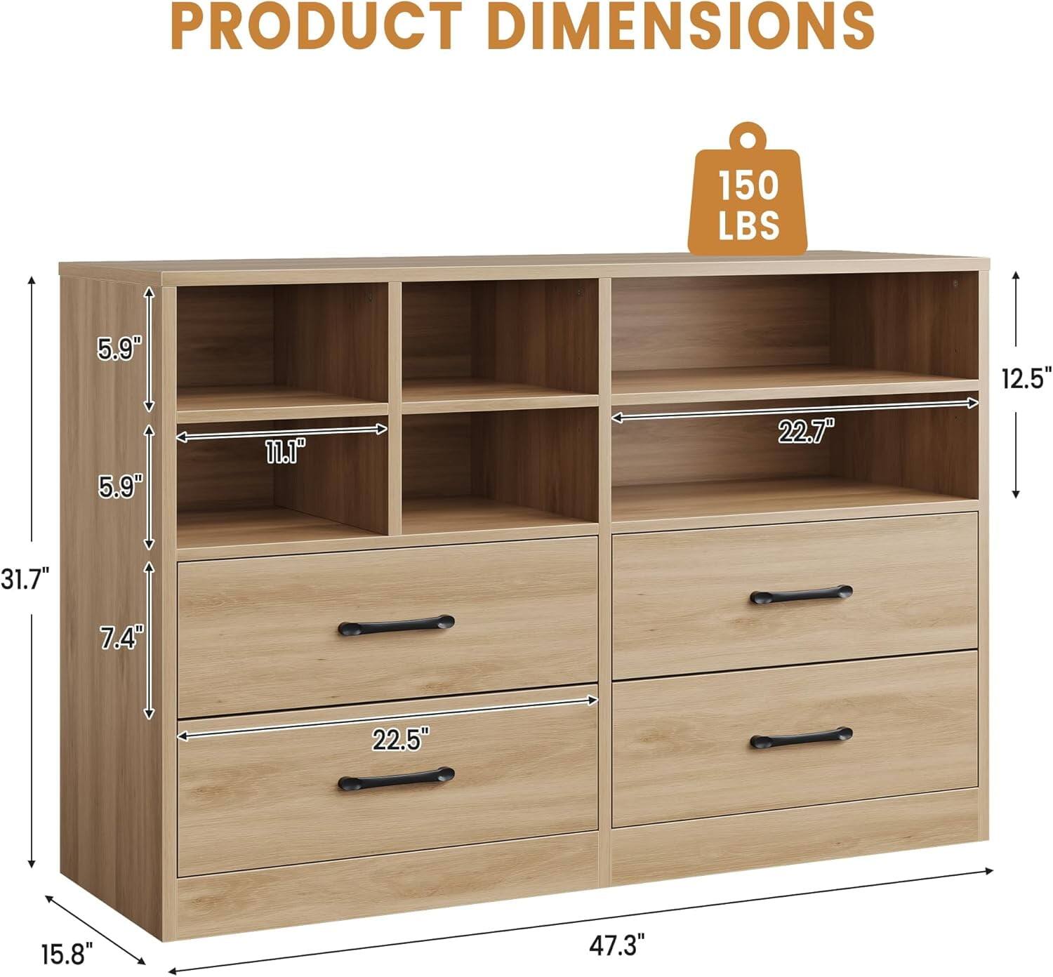 PRODUCT DIMENSIONS

150 LBS

- Width: 47.3"
- Depth: 15.8"
- Height: 31.7"
- Shelf Height: 5.9"
- Shelf Depth: 12.5"
- Shelf Width: 22.7"
- Drawer Height: 7.4"
- Drawer Width: 22.5"