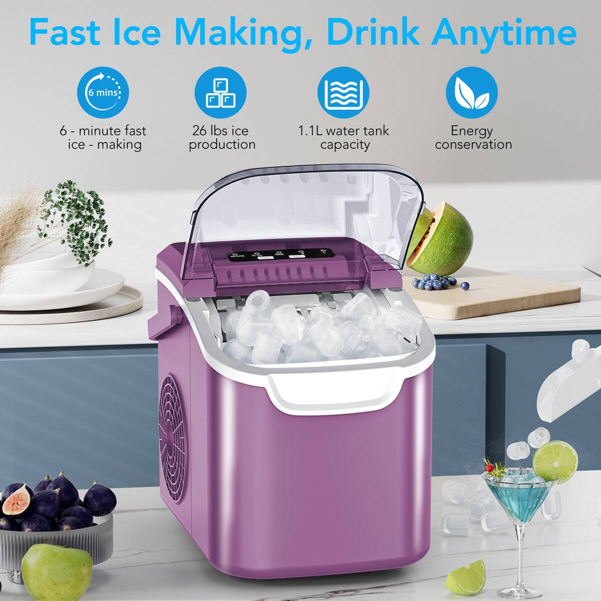 Fast Ice Making, Drink Anytime

6-minute fast ice-making
26 lbs ice production
1.1L water tank capacity
Energy conservation