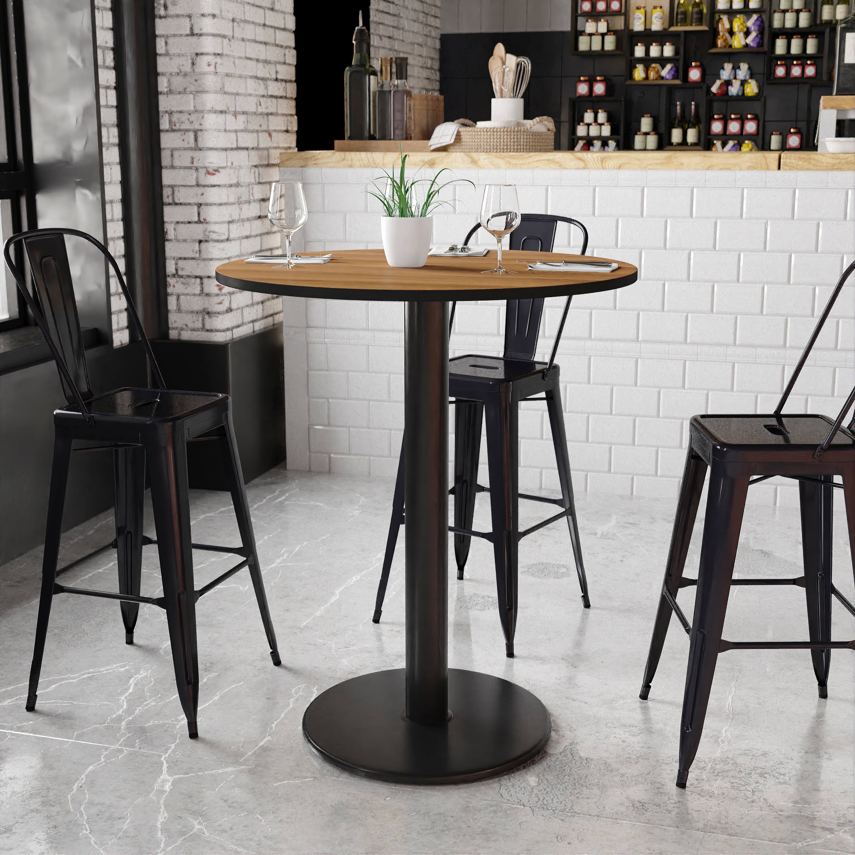 Angle. Flash Furniture - Stiles 36'' Round Walnut Laminate Table Top with 24'' Round Bar Height Table Base - Brown.