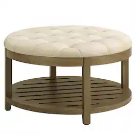 Songmics Home - Storage Ottoman with Solid Wood Frame, Round Upholstered Ottoman Coffee Table, Footrest, Tufted Cushion, for Living Room - Summer Sand