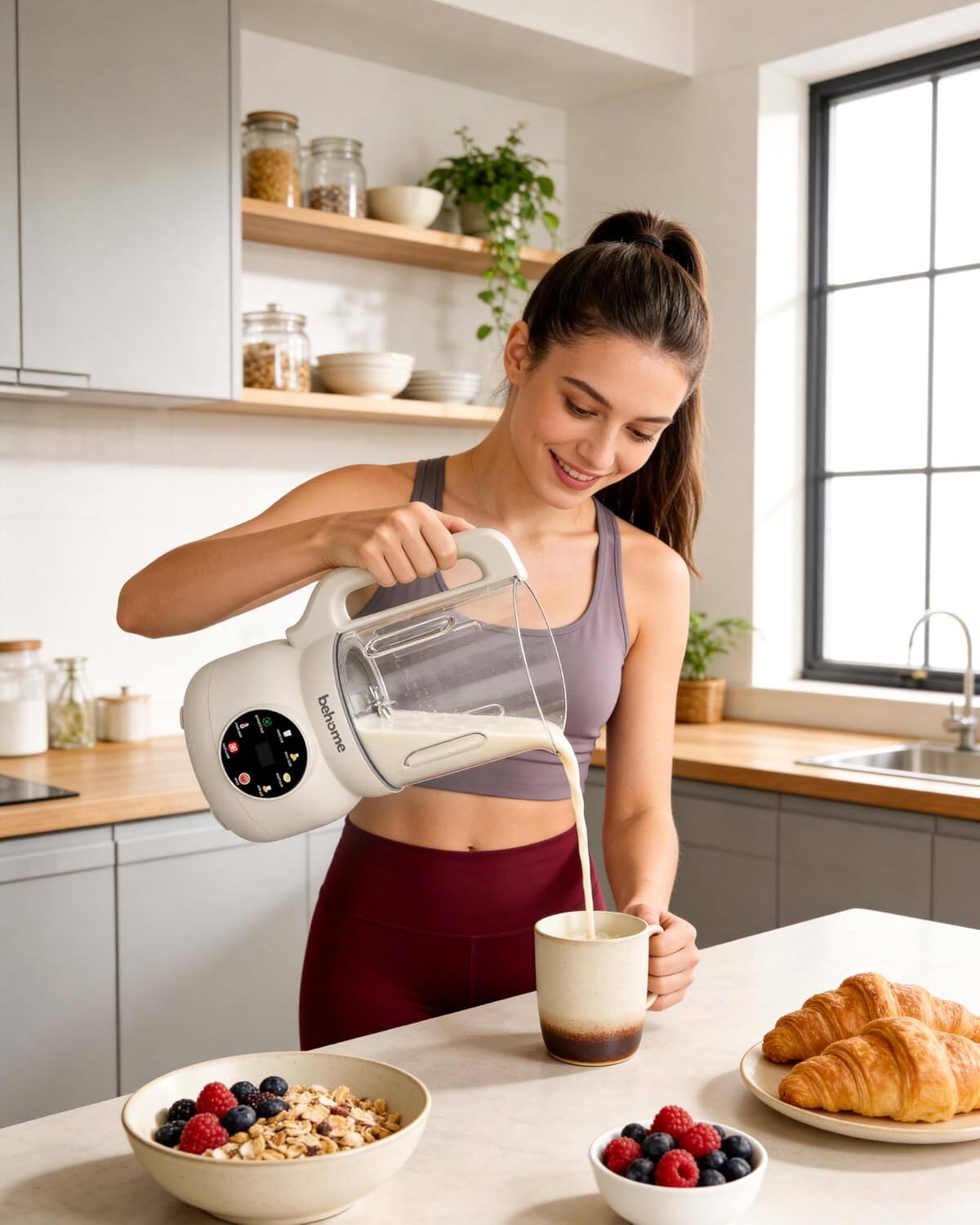 Angle. BEHOME - Behome 8-in-1 Nut Milk Maker Blender, 32oz glass, for almond, oat & soy milk, self-cleaning, no-soak, keep warm - White.
