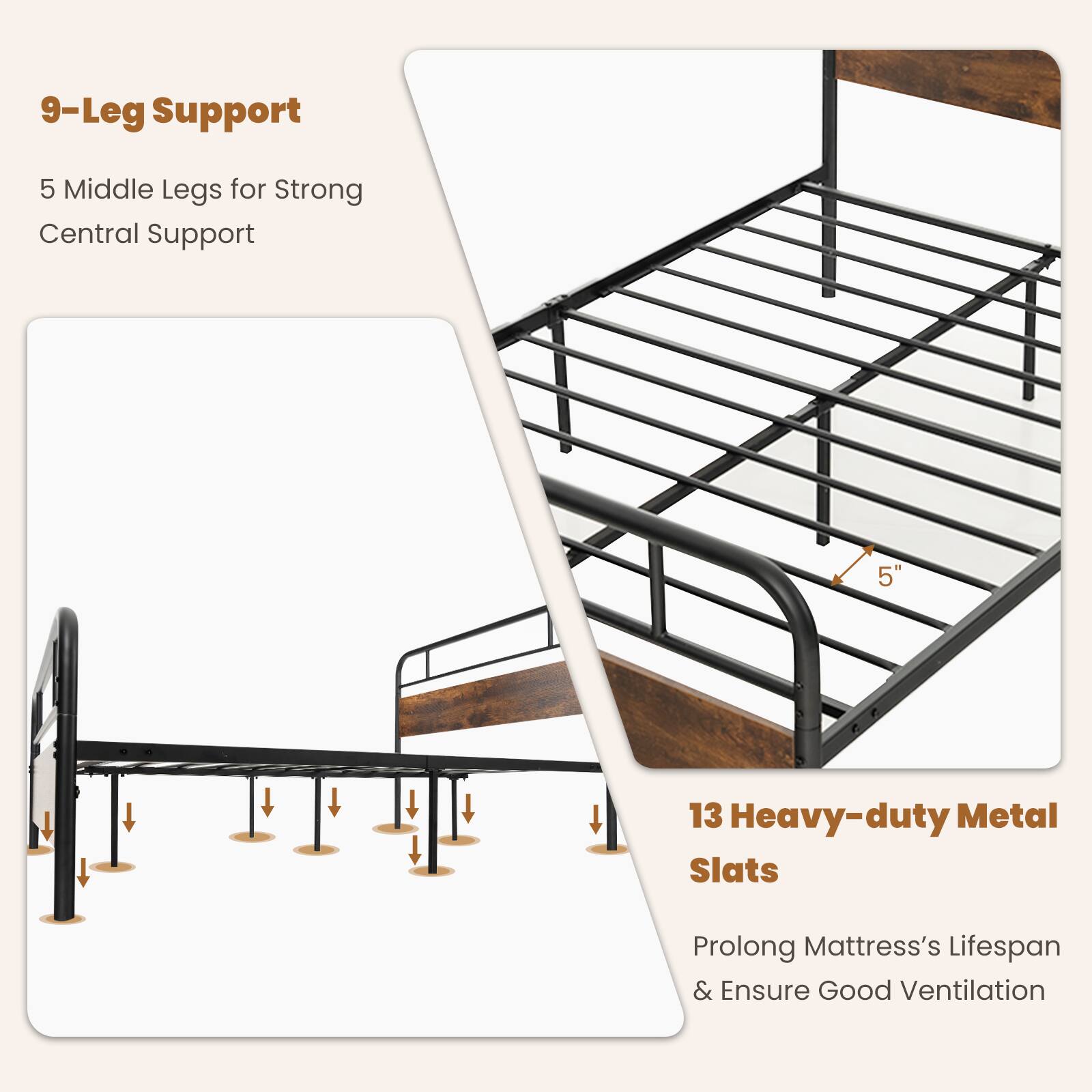 9-Leg Support
5 Middle Legs for Strong Central Support
5"
13 Heavy-duty Metal Slats
Prolong Mattress's Lifespan & Ensure Good Ventilation
