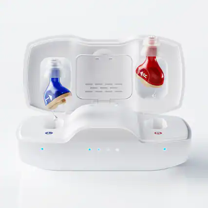 Front. iBstone - iBstone Nova CIC Hearing Aids – Superior Sound Quality & Smart Noise Cancelling, with Anti-lost Lanyard - Blue & red.