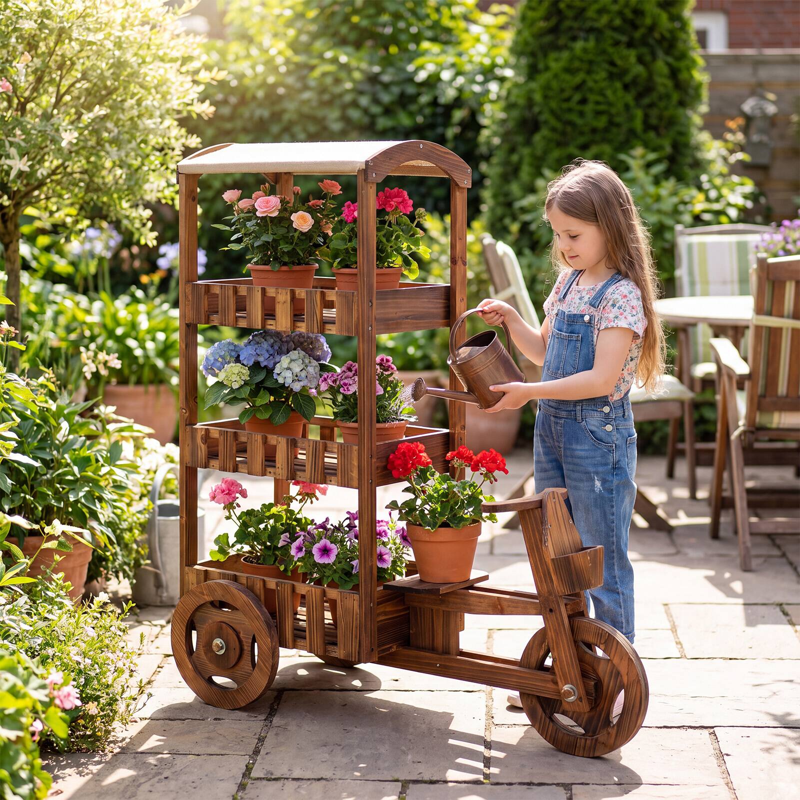 Alt View 1. Costway - Costway 3-Tier Fir Wood Wagon Planter with Fabric Canopy & 3 Wheels for Garden, Patio - Brown.