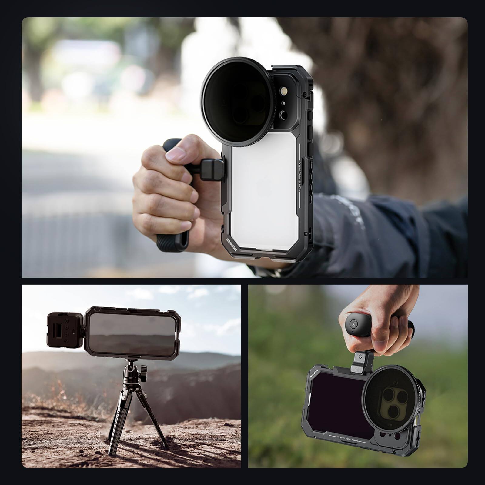 Alt View 4. Neewer - iPhone 17 Pro Max Only Video Cage Kit, 67mm Filter Ring & Lens Backplates, Quick Release Bluetooth Handle, PA144.