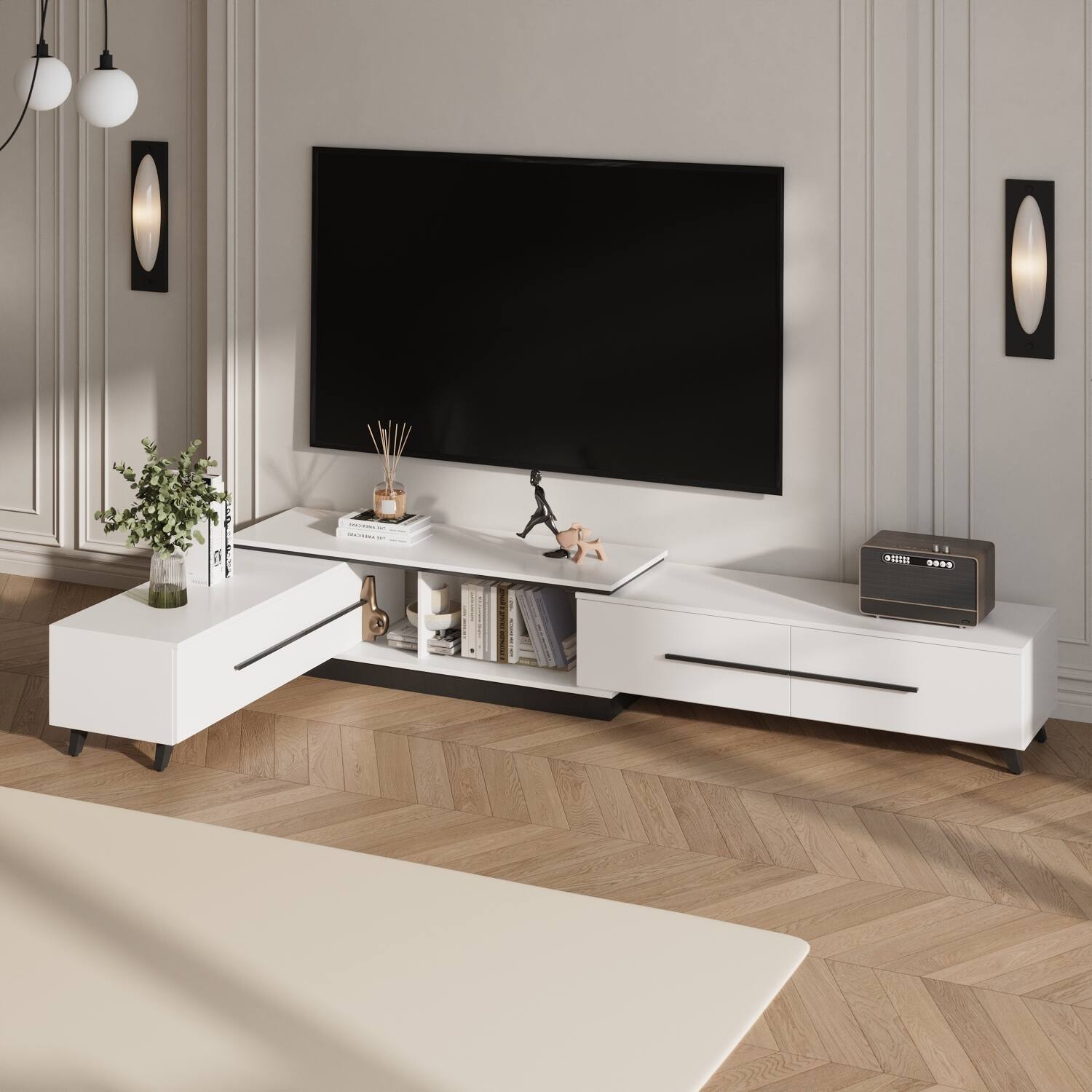 Back. FUFU&GAGA - Extendable TV Stand for 85 Inch TV, 95-133.9" Media Console with Drawers, Modern Luxury Metal Legs - White.