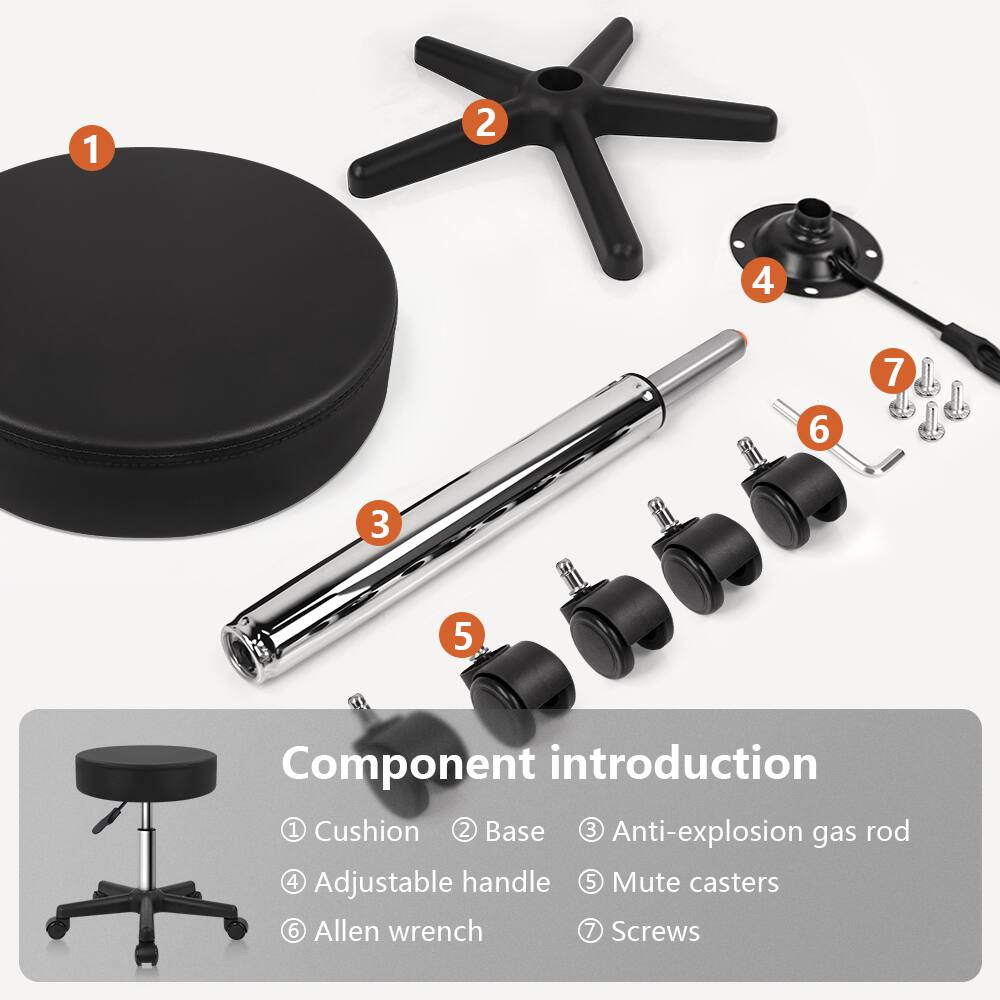 1. Cushion  
2. Base  
3. Anti-explosion gas rod  
4. Adjustable handle  
5. Mute casters  
6. Allen wrench  
7. Screws  

Component introduction  
1. Cushion  
2. Base  
3. Anti-explosion gas rod  
4. Adjustable handle  
5. Mute casters  
6. Allen wrench  
7. Screws