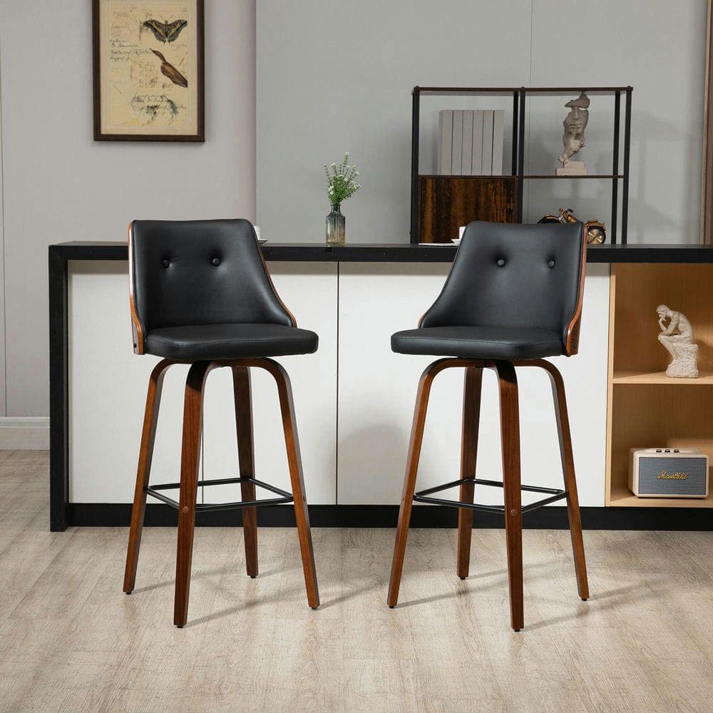 Kadyn - Bar Height Bar Stools, PU Leather Swivel Barstools with Footrest and Tufted Back, Set of 2 - Black