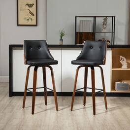 Kadyn - Bar Height Bar Stools, PU Leather Swivel Barstools with Footrest and Tufted Back, Set of 2 - Black