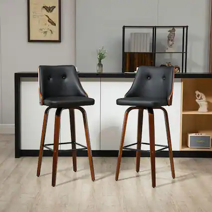 Front. Kadyn - Bar Height Bar Stools, PU Leather Swivel Barstools with Footrest and Tufted Back, Set of 2, Black - Black.