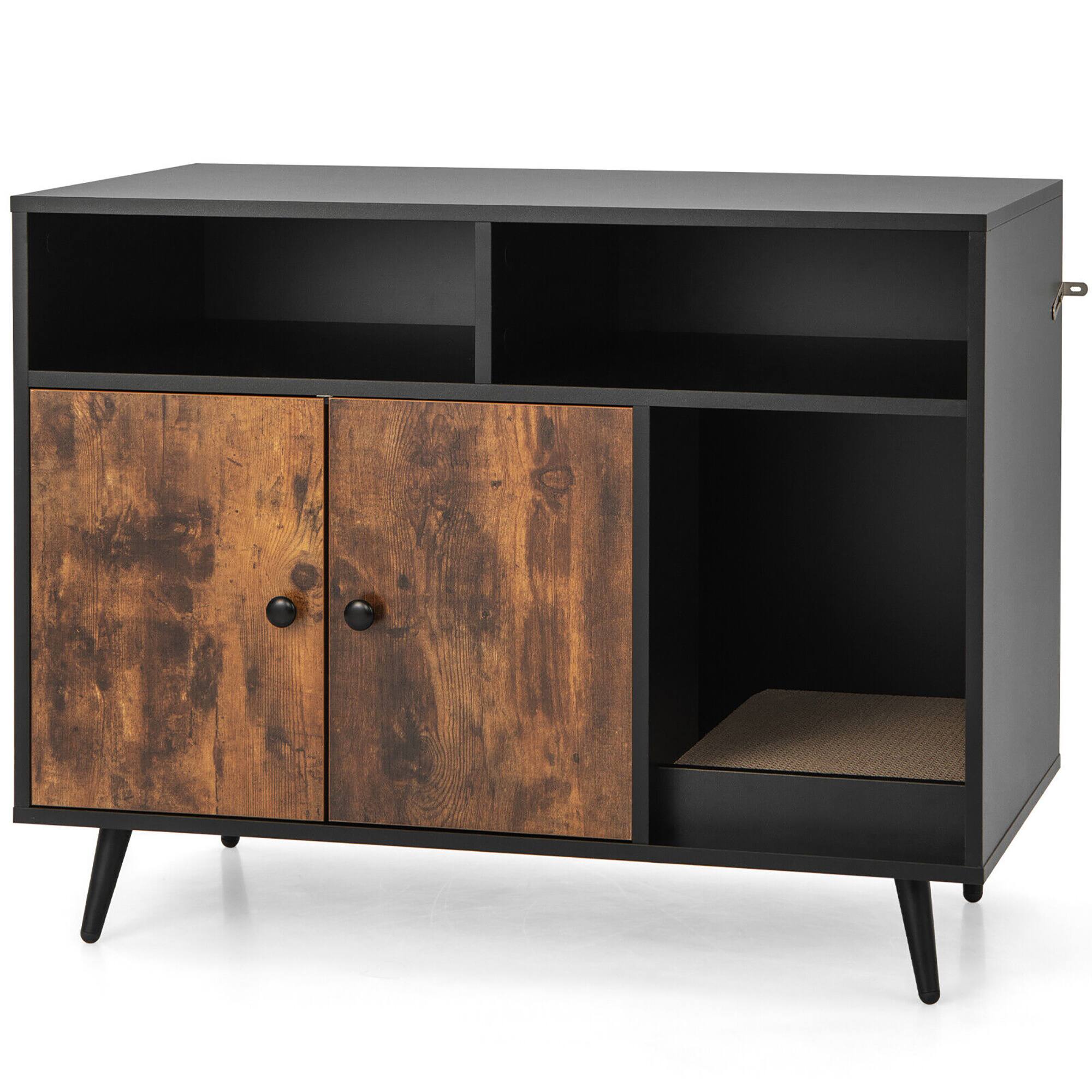 Alt View 9. Gymax - Gymax Cat Litter Box Enclosure w/ Scratching Pad End Table Nightstand Hidden Washroom - Black,Rustic Brown.