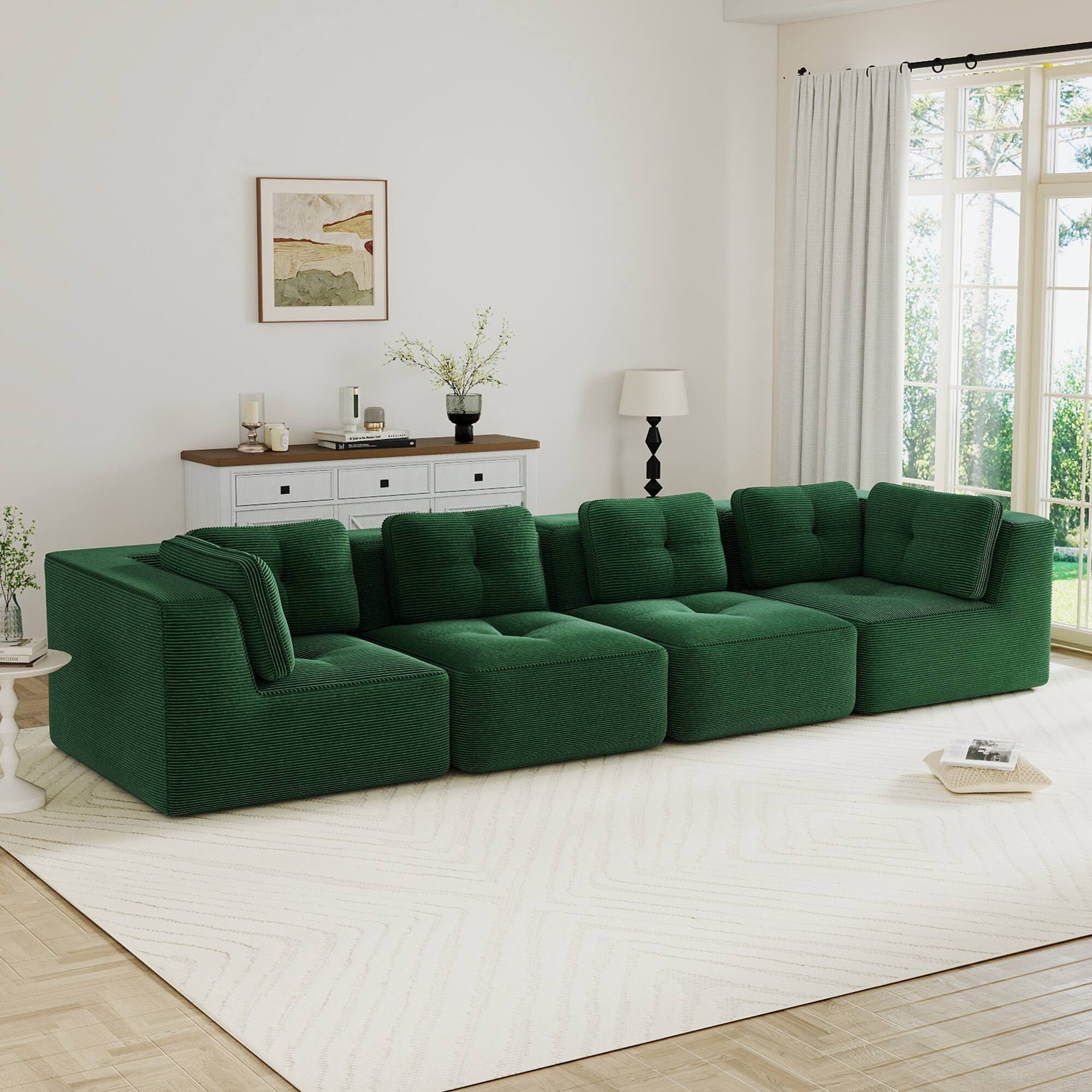 Angle. LOVMOR - 4 Seater Corduroy Modular Sectional Couch Deep Seat No Assembly Compressed Pack Anti Slip Tufted For Soft Home - Green.