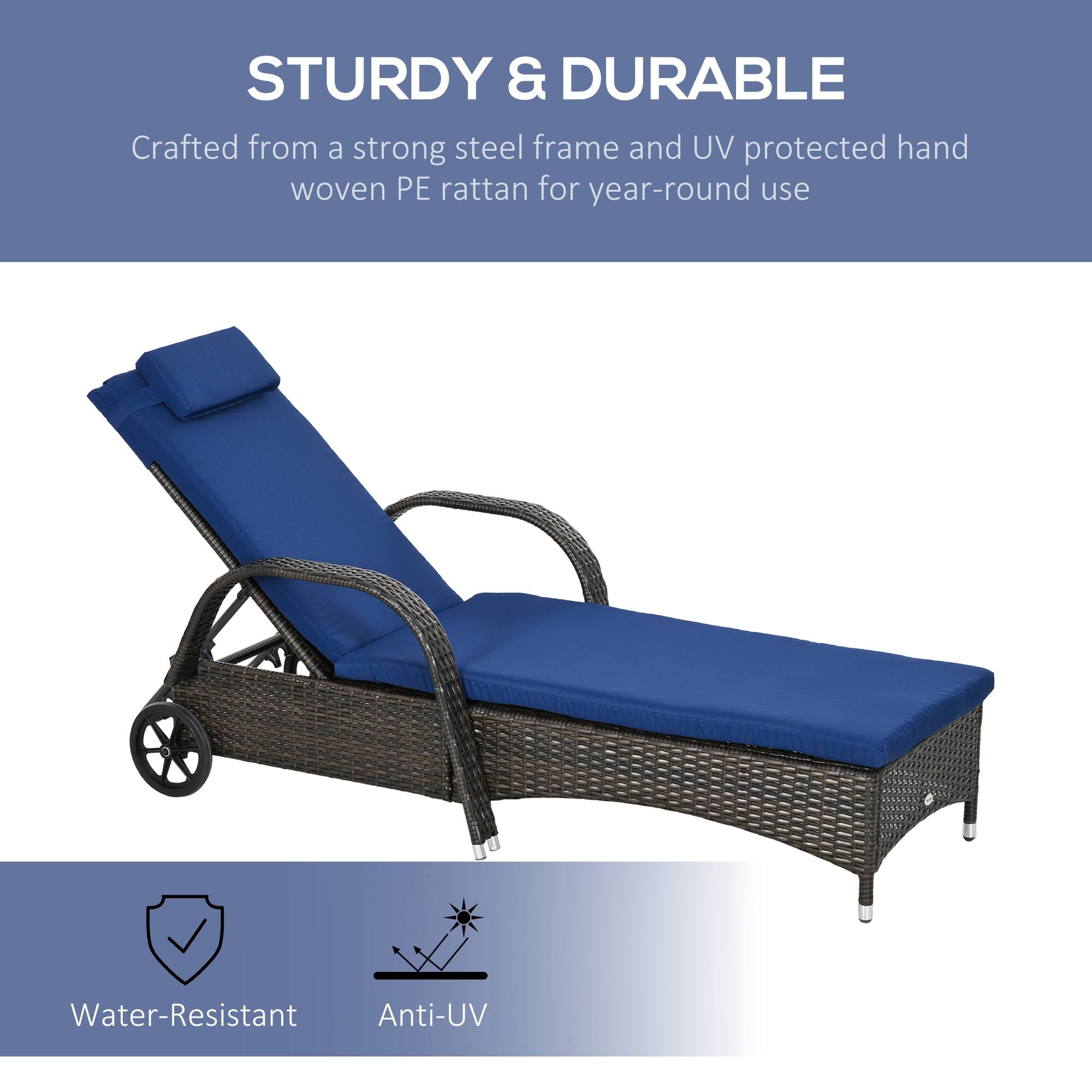 STURDY & DURABLE  
Crafted from a strong steel frame and UV protected hand woven PE rattan for year-round use  

Water-Resistant  
Anti-UV