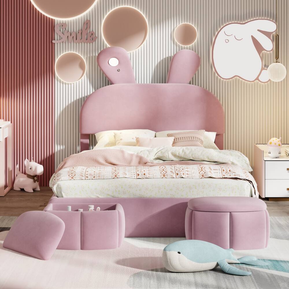 Alt View 1. Loheer - Loheer Full Size Platform Bed Pink Upholstered Cartoon Ears Headboard Kids Velvet Bed with LED Light - Pink.