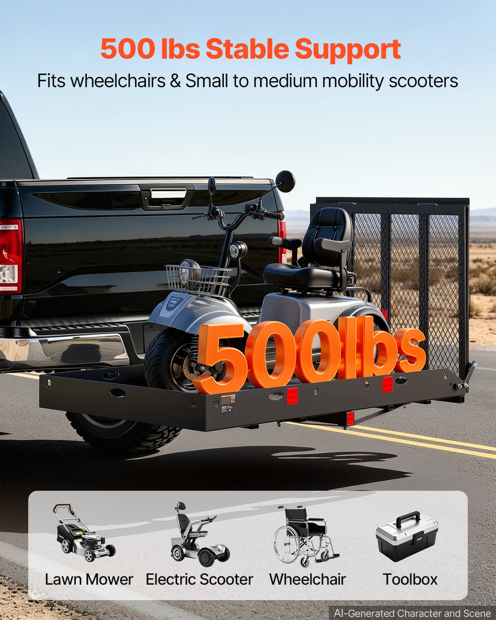 500 lbs Stable Support  
Fits wheelchairs & Small to medium mobility scooters  

500lbs  

Lawn Mower  
Electric Scooter  
Wheelchair  
Toolbox  

AI-Generated Character and Scene