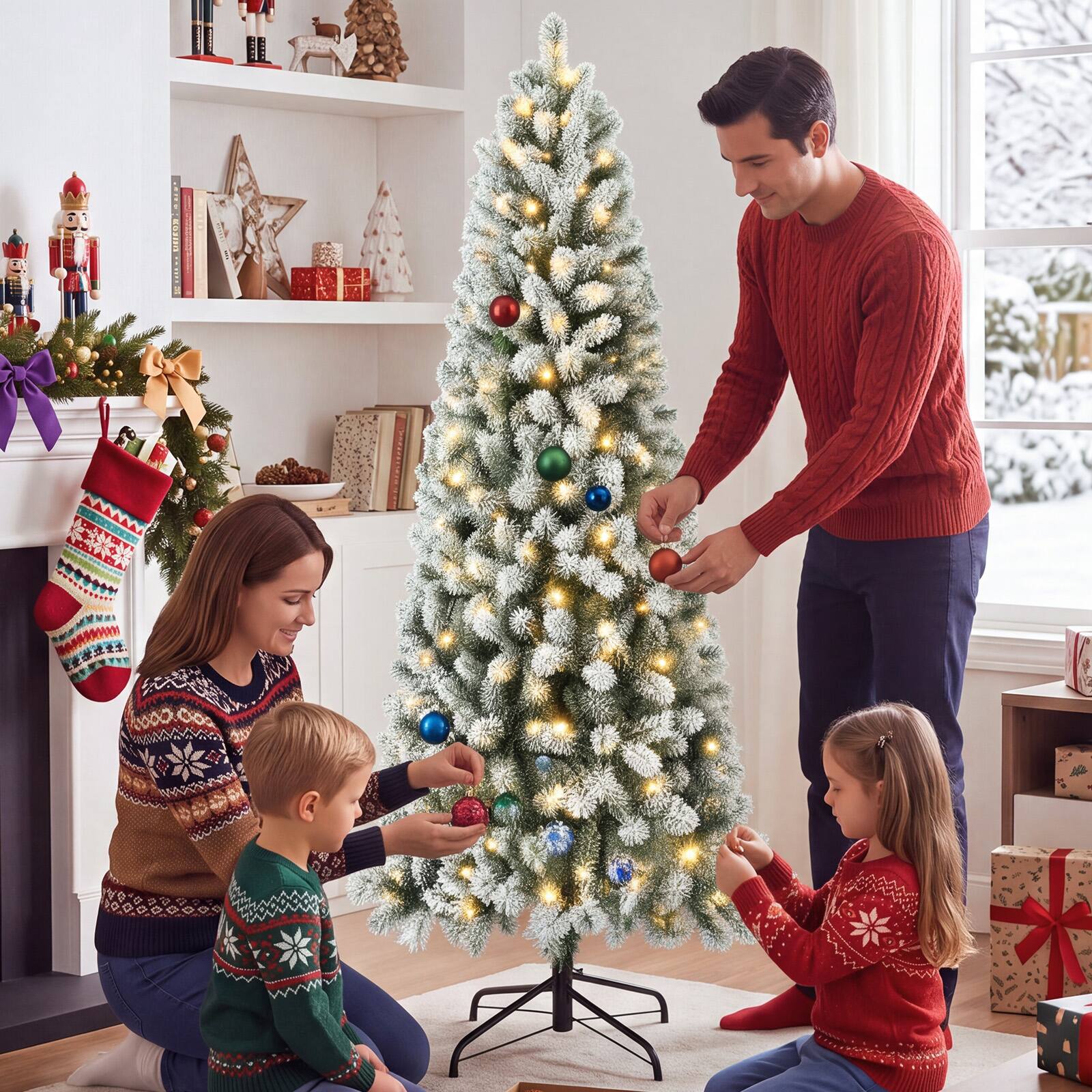 Sweetcrispy Pre lit Flocked Slim Artificial Christmas Tree with Warm ...