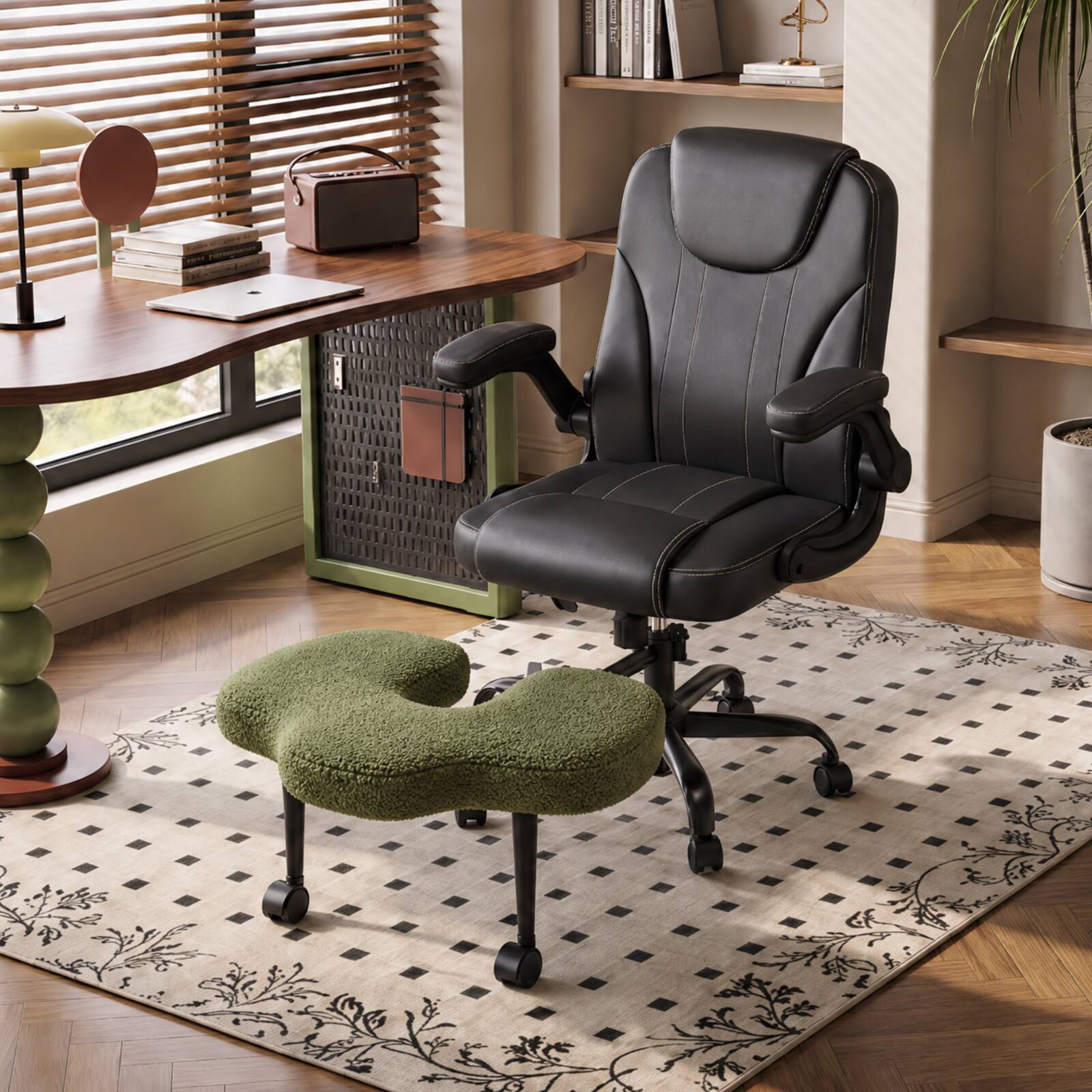 Front. Pinmoco - Under Desk Footrest, Office Chair Leg Rest, Cross-Legged Foot Rest for Home Office and Gaming - Green.