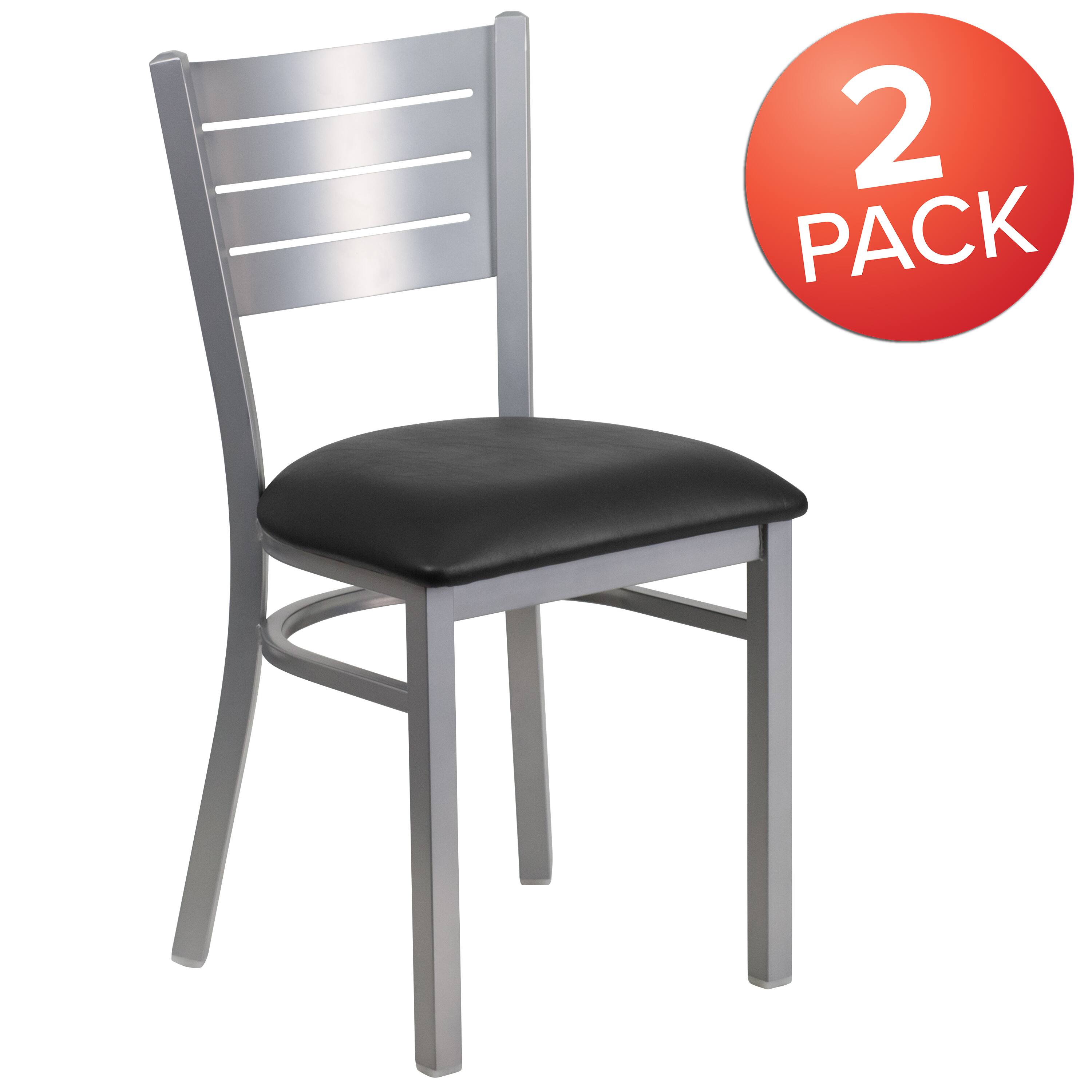 Alt View 1. Emma + Oliver - 2 Pack Silver Slat Back Metal Restaurant Chair - Black Vinyl Seat/Silver Frame.