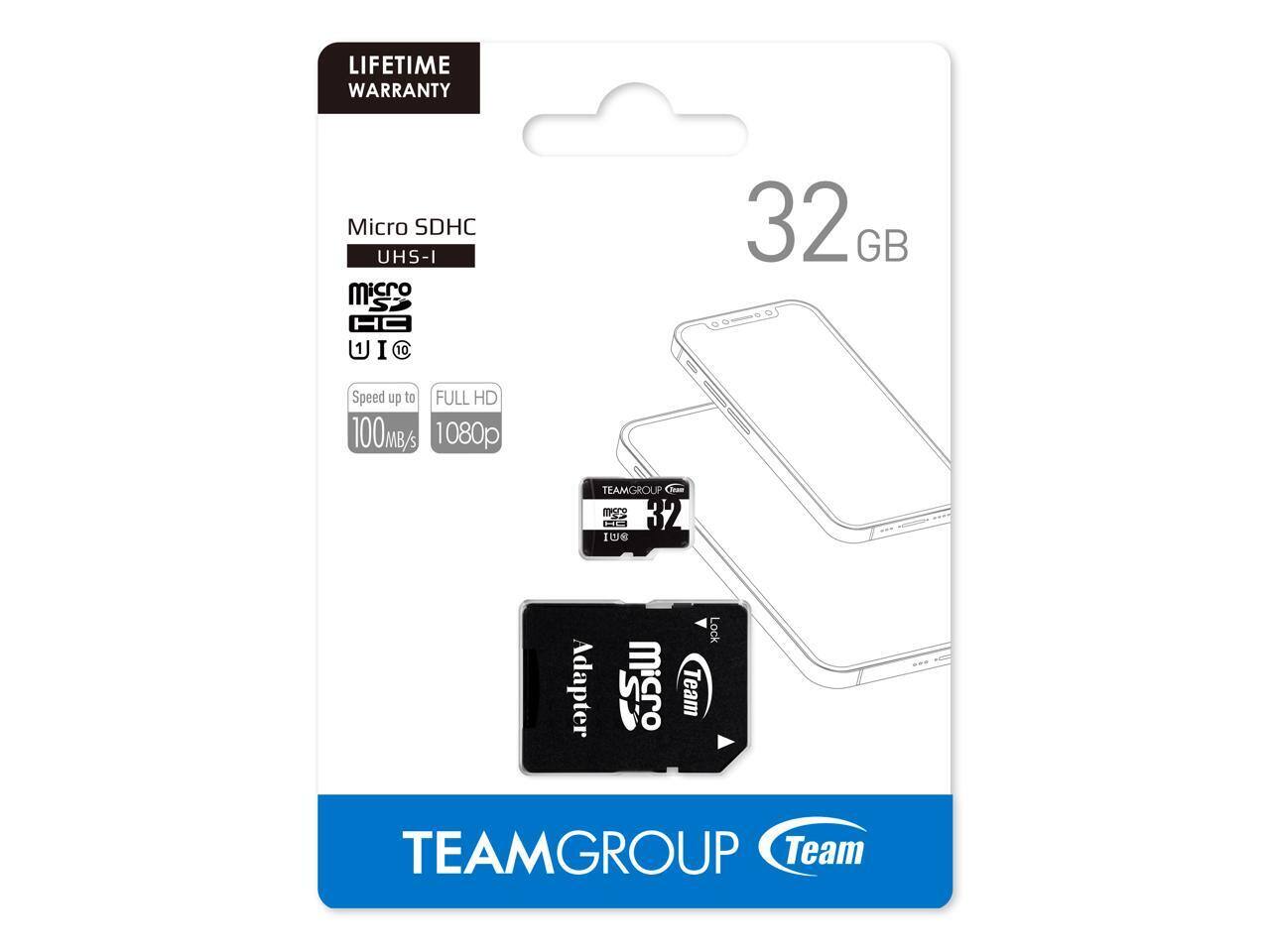 LIFETIME WARRANTY  
Micro SDHC UHS-I  
Micro SDHC UHS-I U1 C10  
Speed up to FULL HD 1080p  
32 GB  
Speed up to 100MB/s  
TEAMGROUP  
Adapter Included  
TEAMGROUP  
Team
