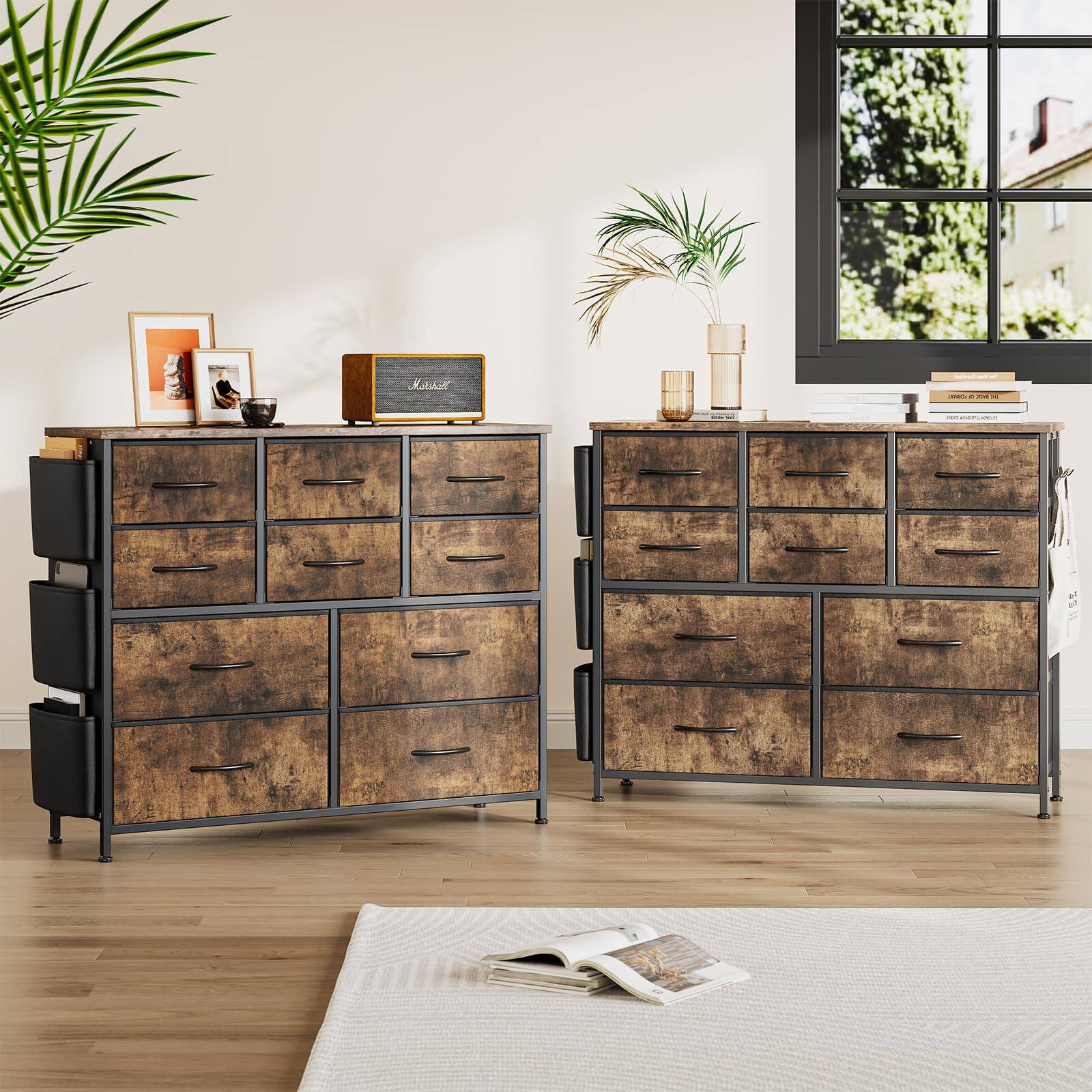 Alt View 4. Jojoka - Fabric 10 Drawer Dresser for Bedroom, Metal Frame Storage Organizer with Side Pockets & Hooks - Brown.