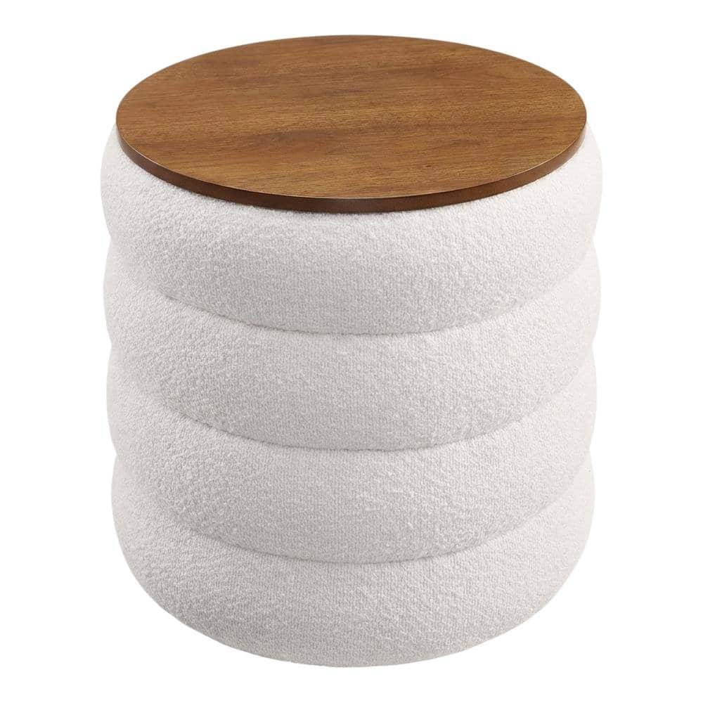 Outdoor Escape - Round Boucle Fabric Outdoor Ottoman With Storage And Cushioned Top - Brown