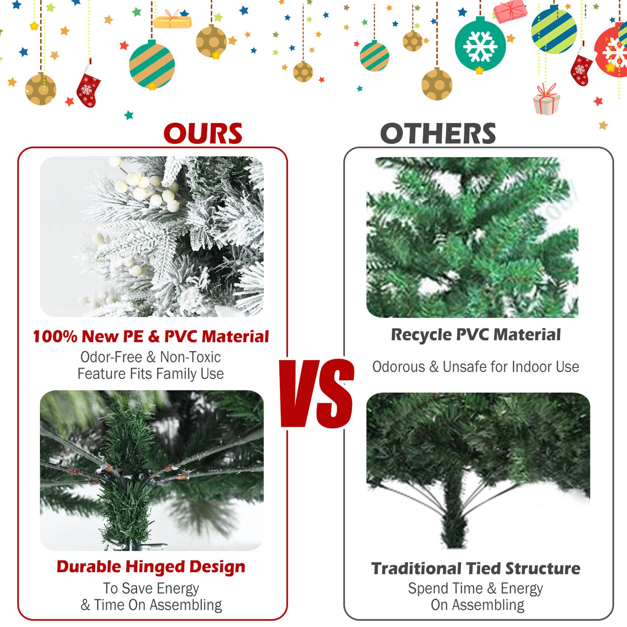 **OURS**

- 100% New PE & PVC Material
  - Odor-Free & Non-Toxic
  - Feature Fits Family Use

- Durable Hinged Design
  - To Save Energy & Time On Assembling

**OTHERS**

- Recycle PVC Material
  - Odorous & Unsafe for Indoor Use

- Traditional Tied Structure
  - Spend Time & Energy On Assembling