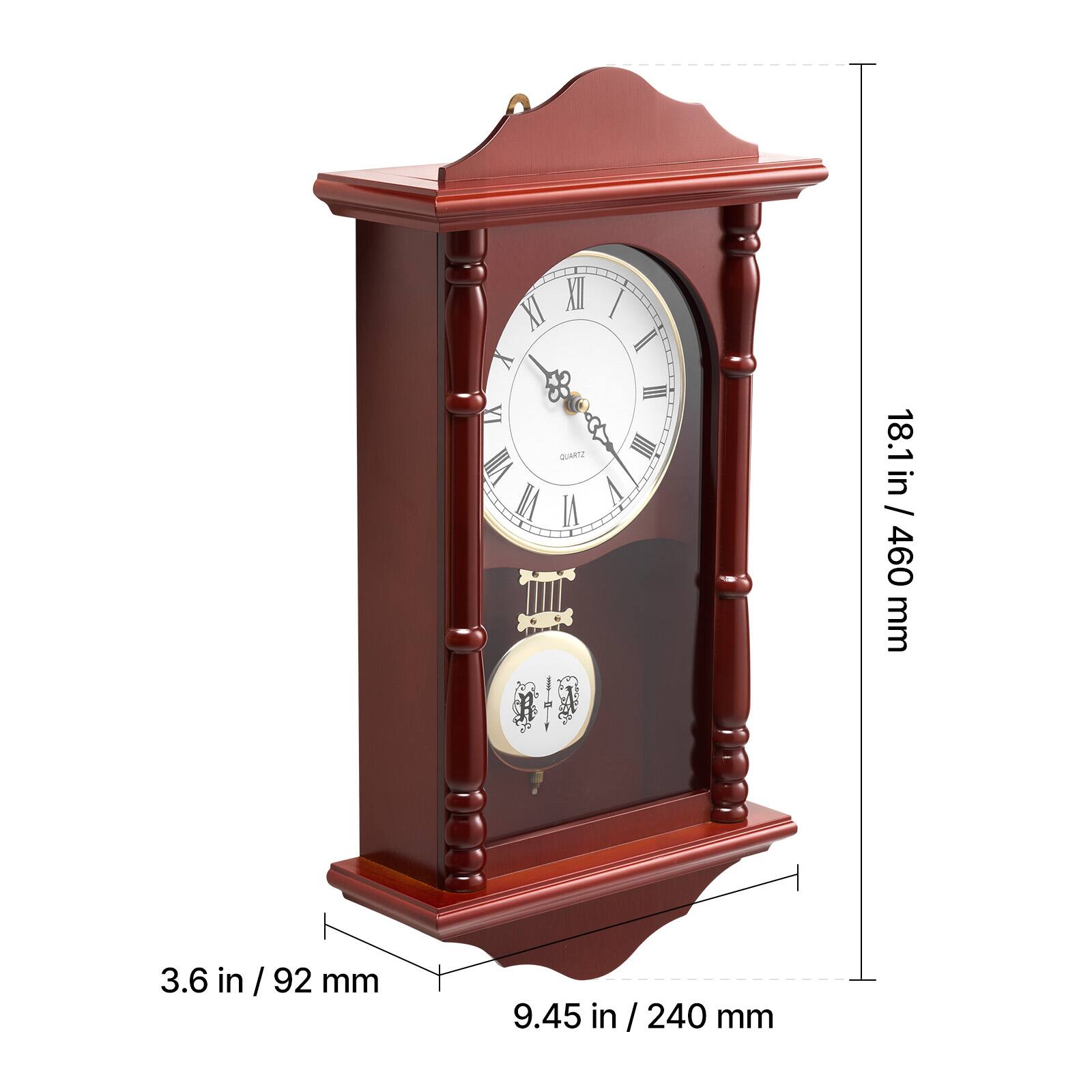 The corrected text is:

XII I XI II X III IV & III SUERTZ VII VI V

18.1 in / 460 mm
3.6 in / 92 mm
9.45 in / 240 mm