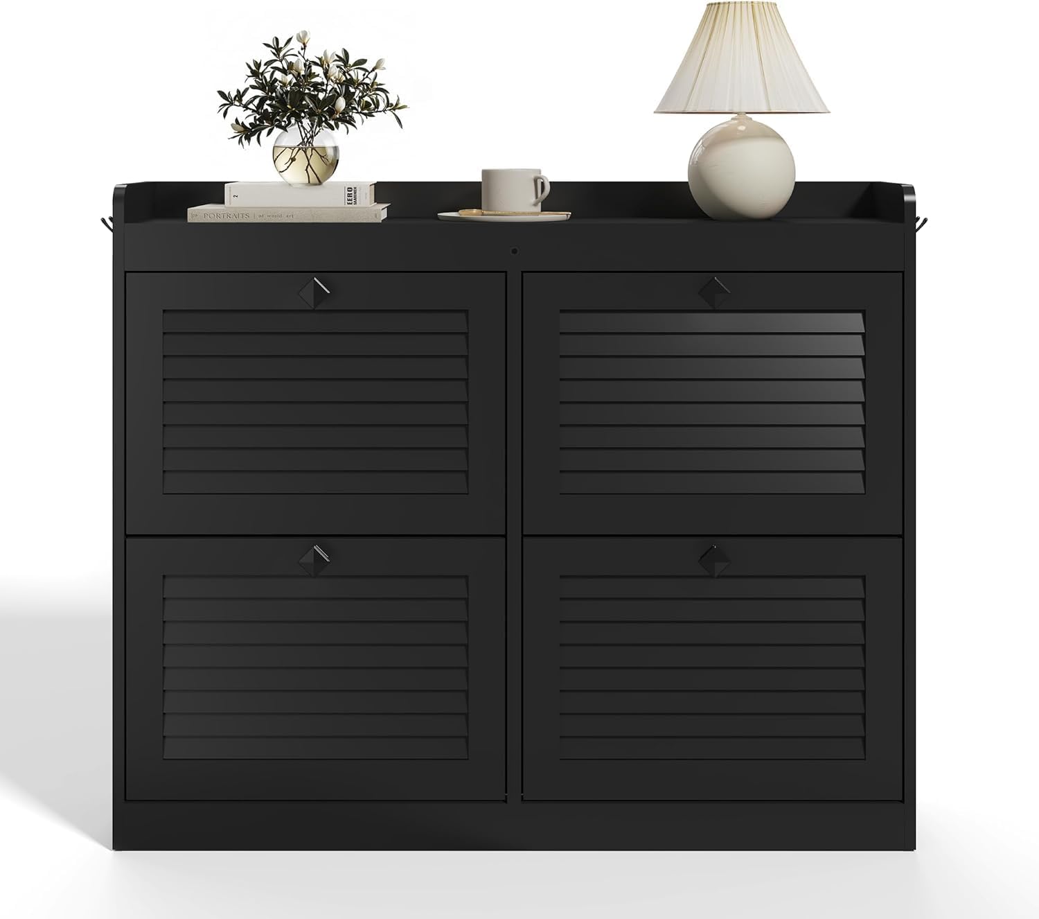 Alt View 4. Acekool - Large Rattan Shoe Storage Cabinet with 4 Flip Drawers, Freestanding Narrow Shoe Rack with Wooden Legs, Black - Black.