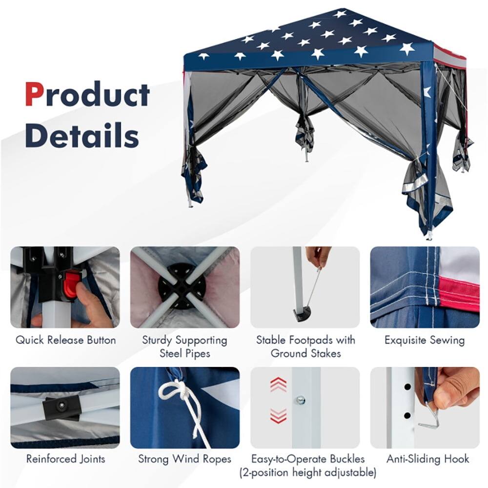 Product Details

- Quick Release Button
- Sturdy Supporting Steel Pipes
- Stable Footpads with Ground Stakes
- Exquisite Sewing
- Reinforced Joints
- Strong Wind Ropes
- Easy-to-Operate Buckles (2-position height adjustable)
- Anti-Sliding Hook