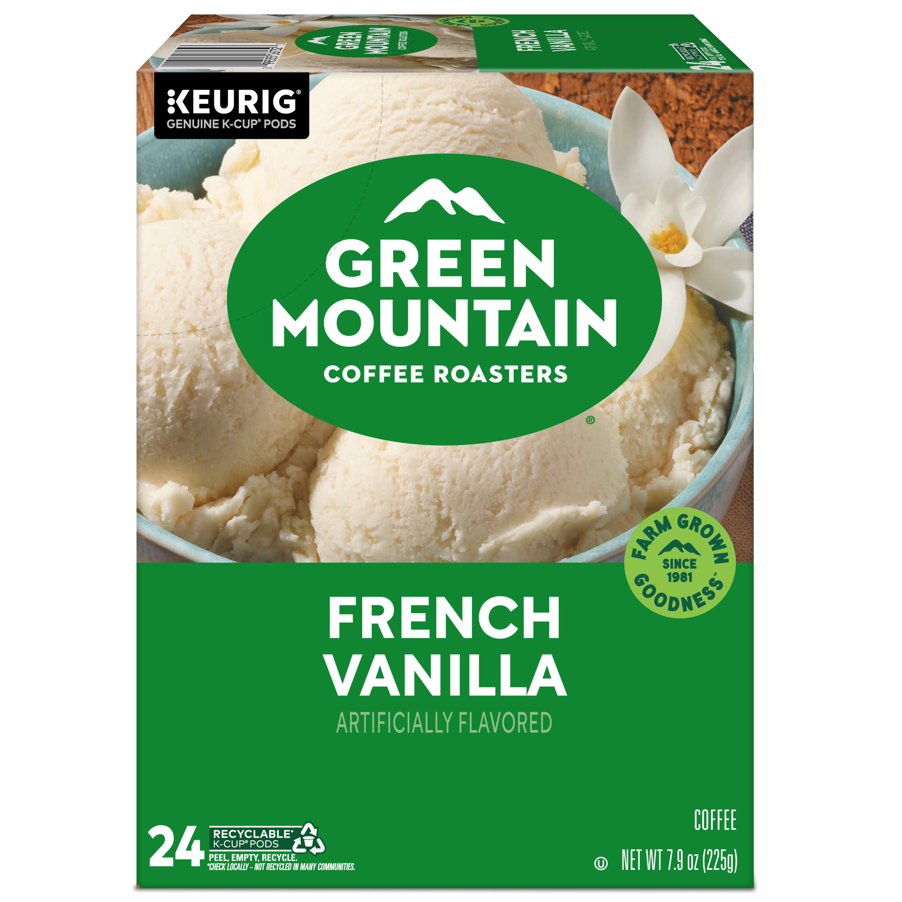 - KEURIG GENUINE K-CUP PODS
- GREEN MOUNTAIN COFFEE ROASTERS
- FARM GROWN SINCE 1981 GOODNESS
- FRENCH VANILLA ARTIFICIALLY FLAVORED
- 24 K-CUP PODS
- RECYCLABLE
- PEEL, EMPTY, RECYCLE
- COFFEE NET WT 7.9 OZ (225g)