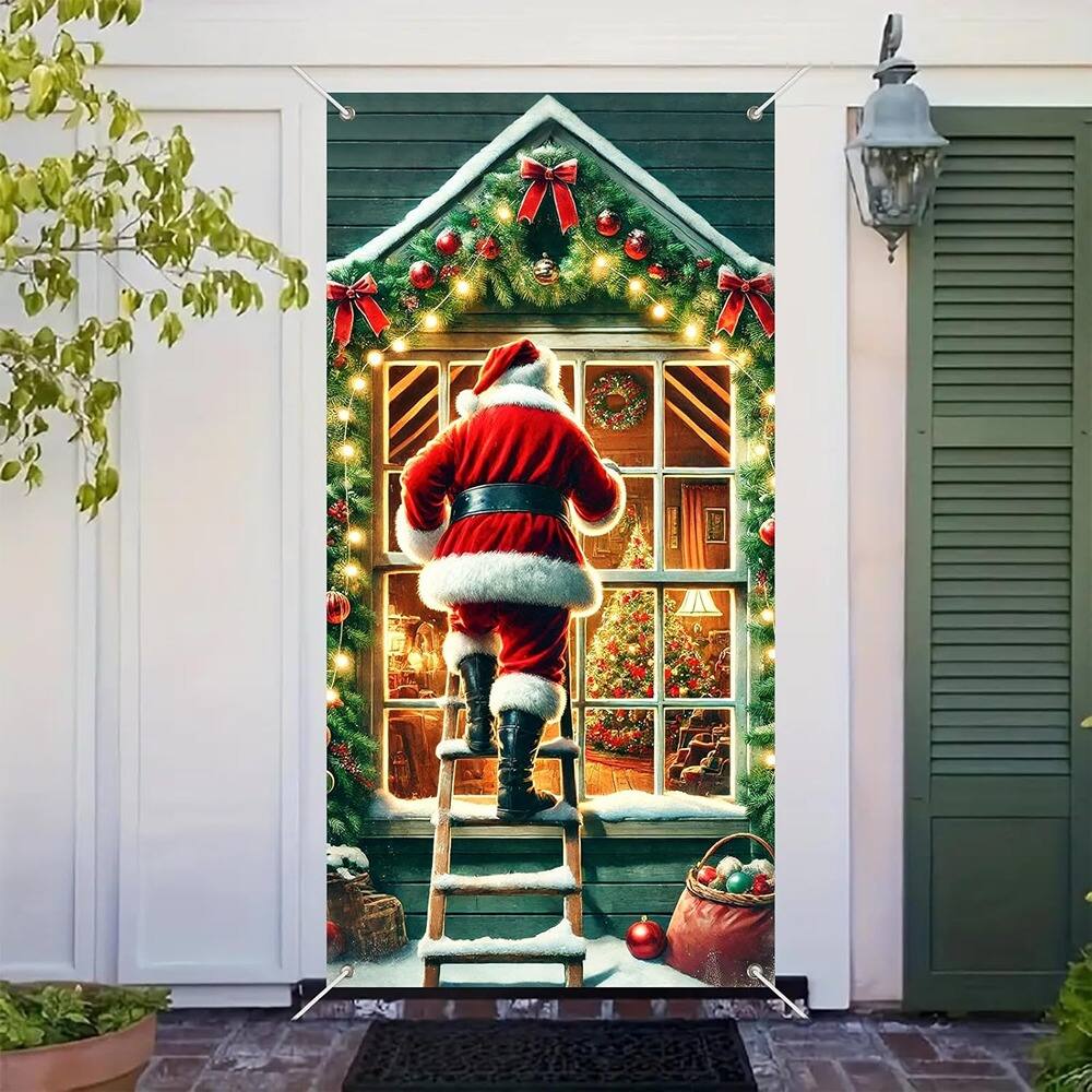 Alt View 1. MOSZAR LLC - Santa Climbing Ladder Door Banner, 35x71" Polyester Holiday Door Decor - red.