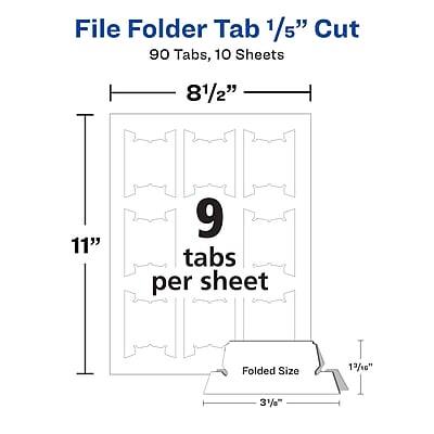 File Folder Tab 1/5" Cut  
90 Tabs, 10 Sheets  

8 1/2" x 11"  
9 tabs per sheet  

Folded Size: 3 1/2" x 11 1/4"