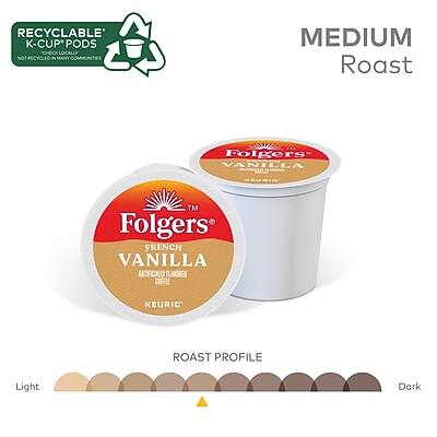 RECYCLABLE K-CUP PODS  
NOT RECYCLED IN ALL COMMUNITIES

MEDIUM Roast

Folgers  
FRENCH VANILLA  
ARTIFICIALLY FLAVORED COFFEE  
KEURIG

ROAST PROFILE  
Light  
Dark