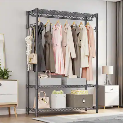 Front. LUCKY ONE - 72.4" H Heavy Duty Garment Rack w/ 1 Rod 3 Tiers Side Hooks Adjustable - Grey.