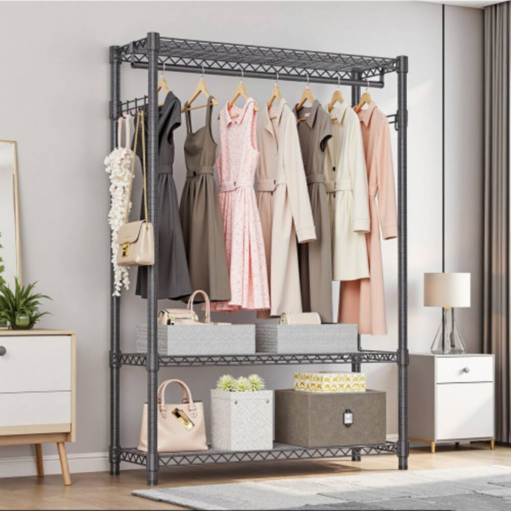 Front. LUCKY ONE - 72.4" H Heavy Duty Garment Rack w/ 1 Rod 3 Tiers Side Hooks Adjustable - Grey.