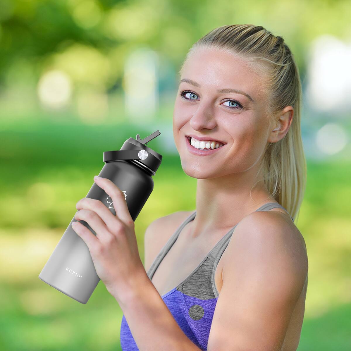 Alt View 14. Buzio - 40oz Insulated Water Bottle with Straw Lid and Spout Lid - Black & Gray.