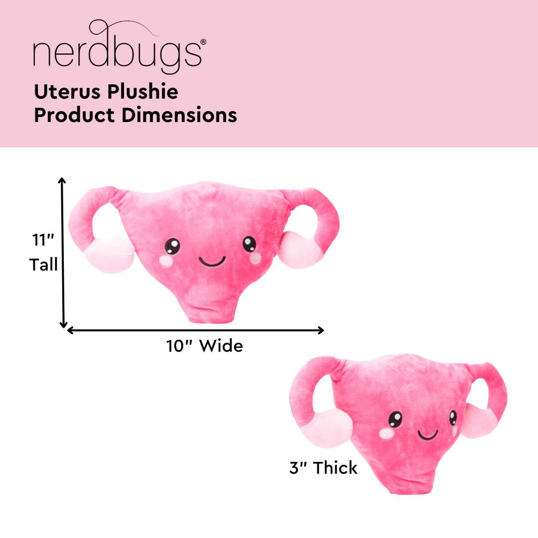 nerdbugs®  
Uterus Plushie  
Product Dimensions  

11" Tall  
10" Wide  
3" Thick