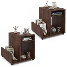 Gymax - 2PCS Rolling End Table w/Side Storage Rack 4 Universal Wheels 2 Lockable Wheels Coffee - Brown