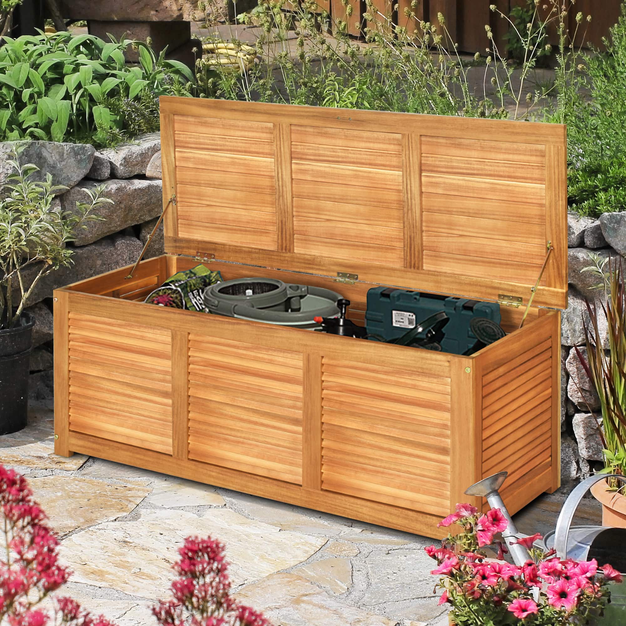 Gymax - Acacia Wood Deck Box 46 Gallon Garden Backyard Storage Bench Container - Nature