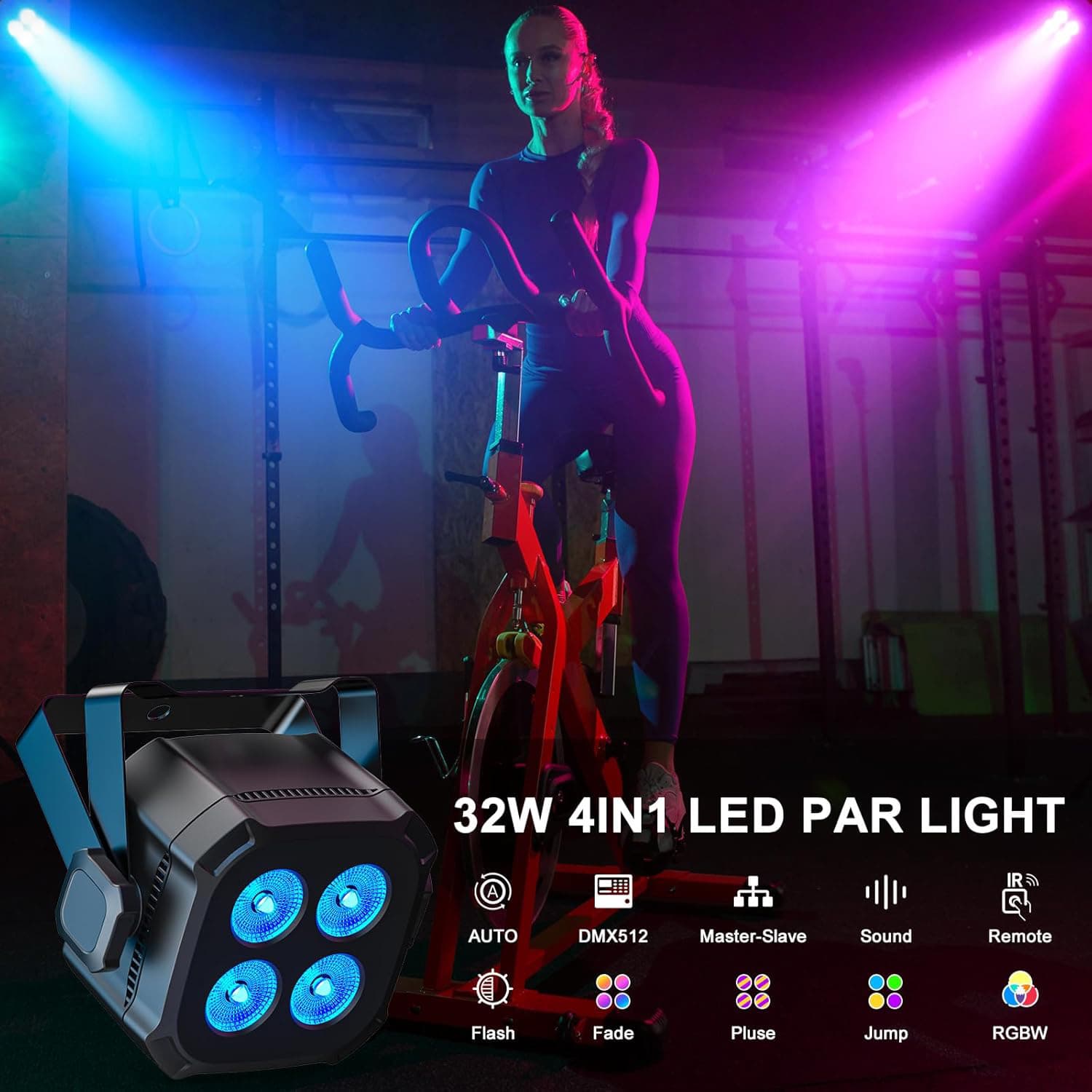 32W 4IN1 LED PAR LIGHT  
- AIR  
- AUTO  
- DMX512  
- Master-Slave  
- Sound  
- Remote  
- Flash  
- Fade  
- Pulse  
- Jump  
- RGBW