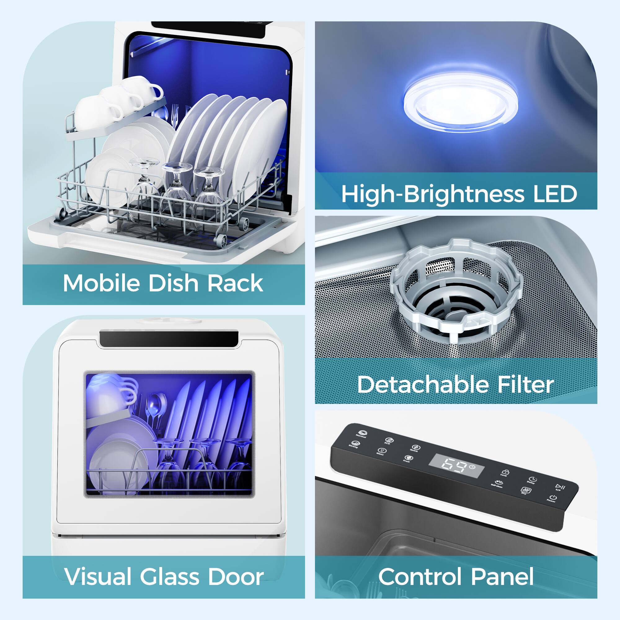 - Mobile Dish Rack
- High-Brightness LED
- Visual Glass Door
- Detachable Filter
- Control Panel