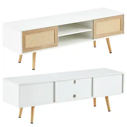 Front. Ecooso - Rattan TV Cabinet 55", Sliding Doors with Adjustable Shelf, Media Console with Solid Wood Legs - White.