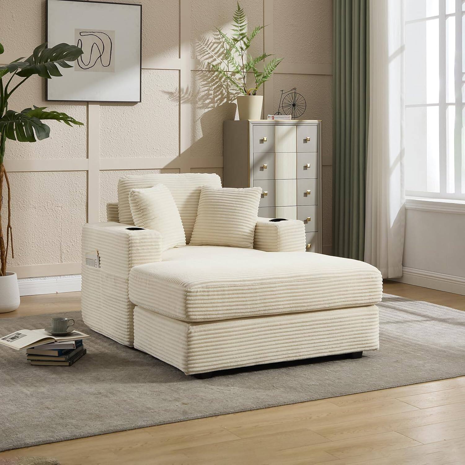 Front. Trinkets Crazed - Corduroy Chaise Lounge Chair Indoor, Comfy Fluffy Single Sleeper Sofa with Cup Holders and Pockets - beige.