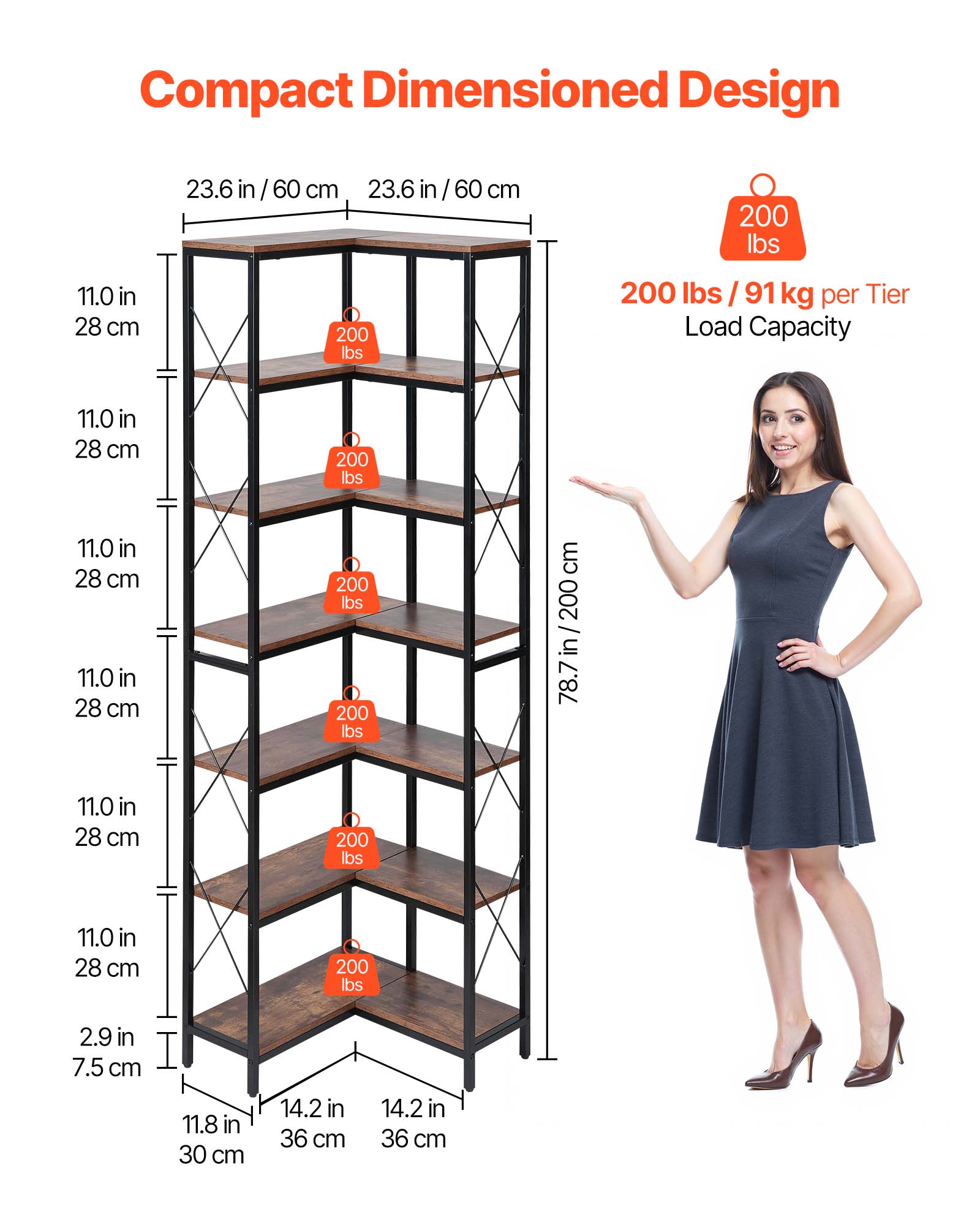 Compact Dimensioned Design

- 23.6 in / 60 cm
- 11.0 in / 28 cm
- 2.9 in / 7.5 cm
- 11.8 in / 30 cm
- 14.2 in / 36 cm
- 78.7 in / 200 cm

200 lbs / 91 kg per Tier Load Capacity