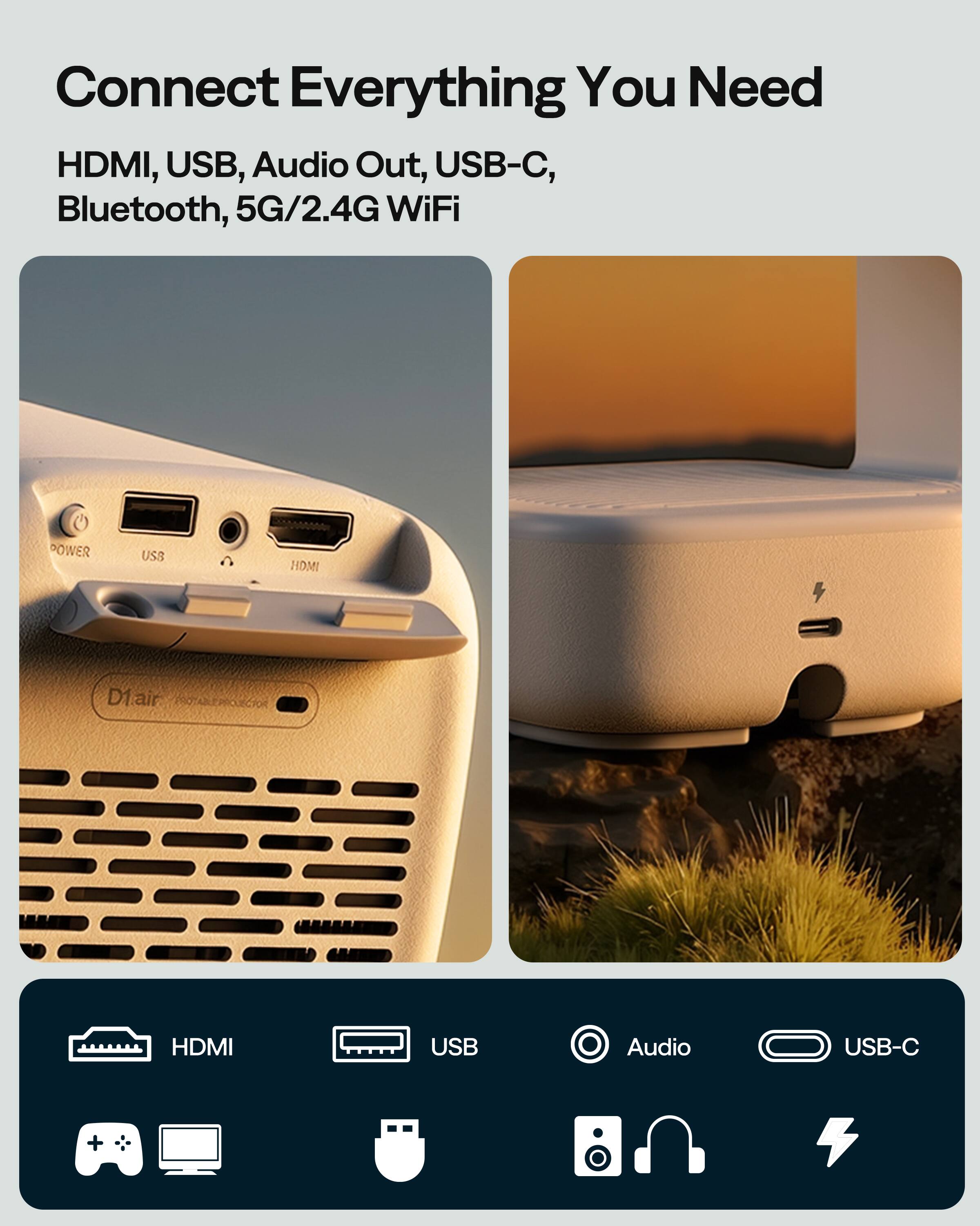 Connect Everything You Need

HDMI, USB, Audio Out, USB-C, Bluetooth, 5G/2.4G WiFi

- HDMI
- USB
- Audio
- USB-C